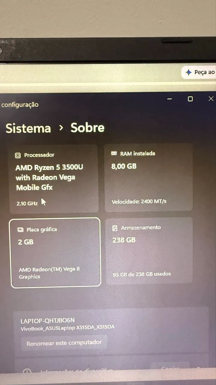 NOTEBOOK ASUS RYZEN 5 + CARREGADOR ORIGINAL - Foto 3