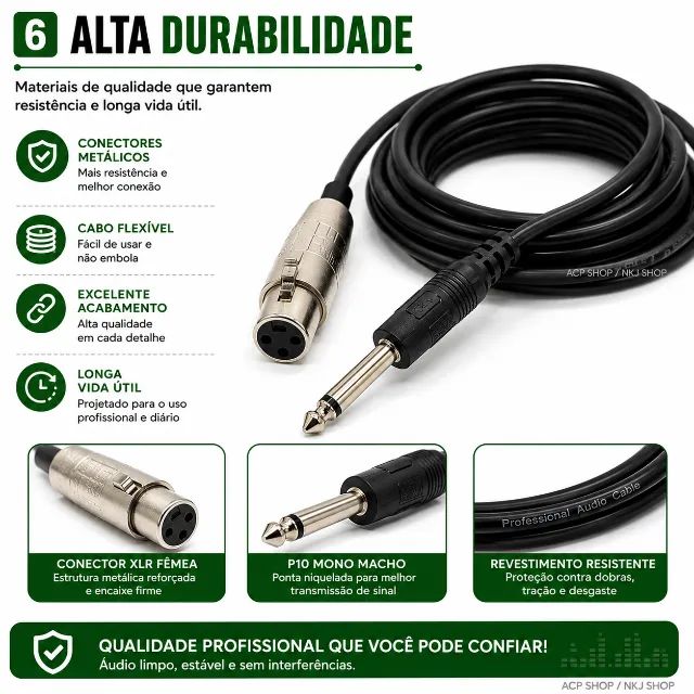 Cabo Para Microfone 5 Metros Xlr p10 Mono  - Foto 3