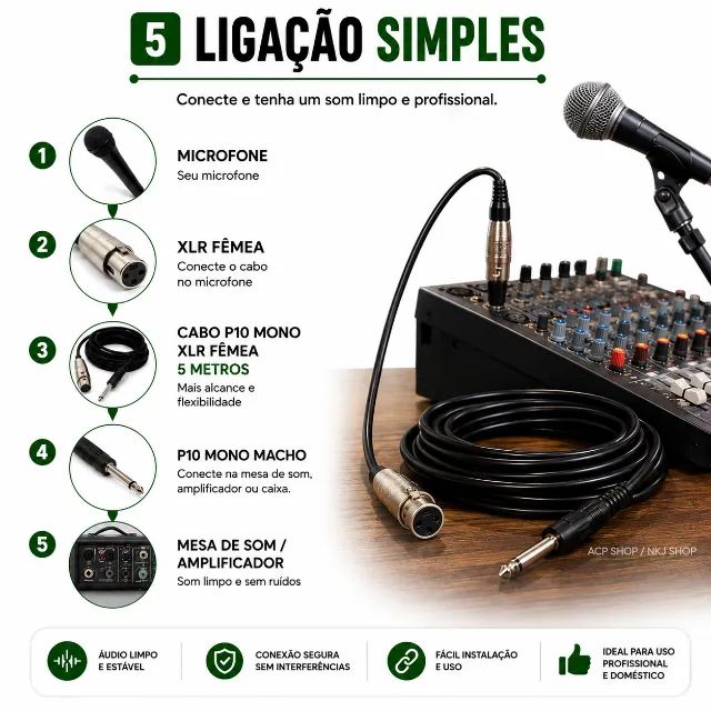 Cabo Para Microfone 5 Metros Xlr p10 Mono  - Foto 5