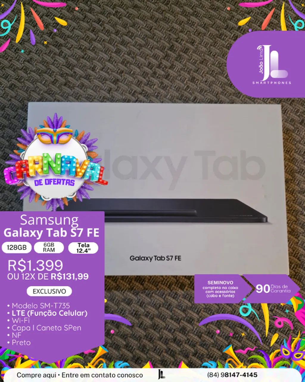 GALAXY TAB S7 FE, 128GB, 6GB RAM, TELA 12.4 POL., PRETO, LTE(FUNÇÃO CELULAR), SEMINOVO!