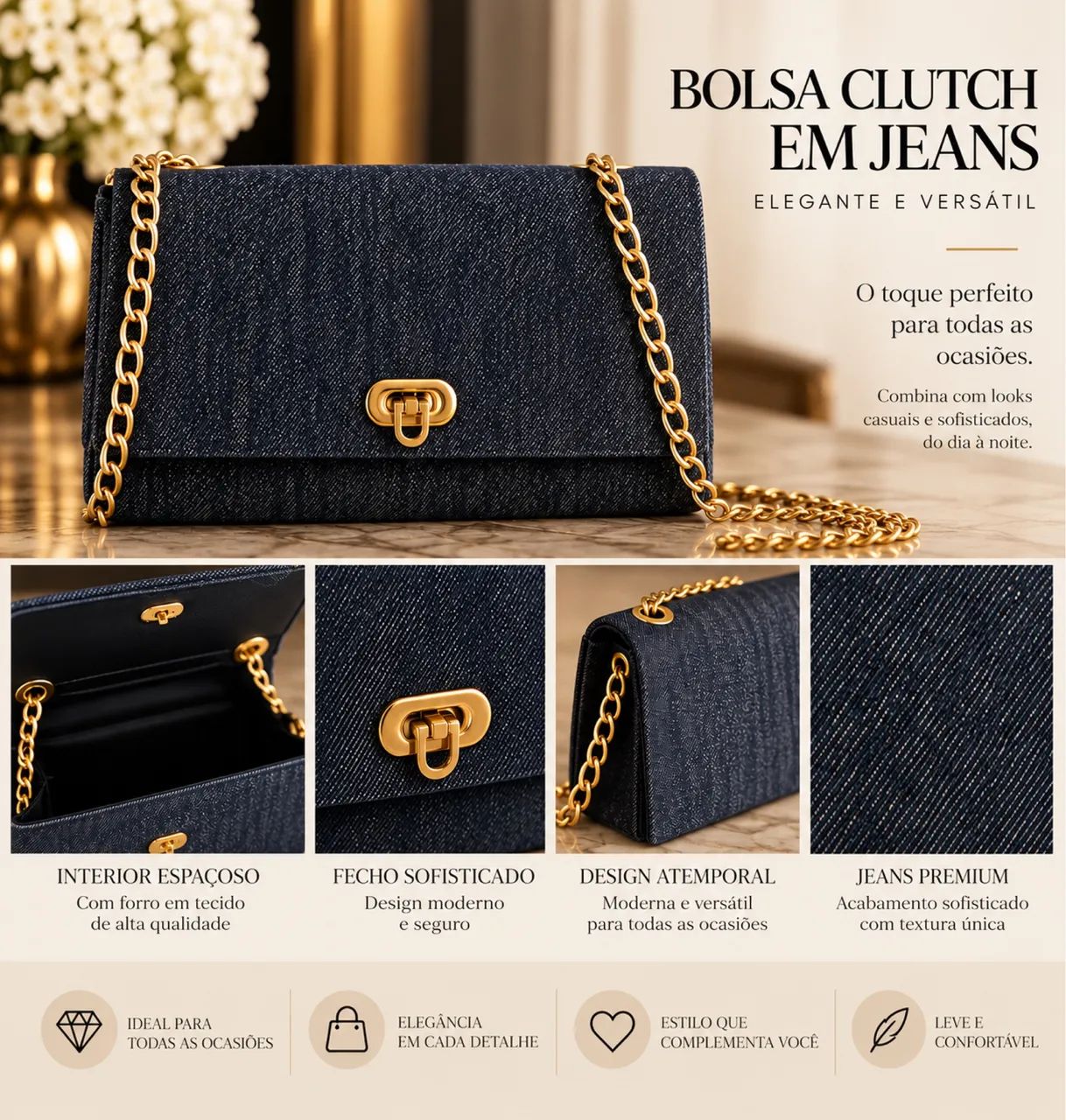 Bolsa jeans com alças douradas 