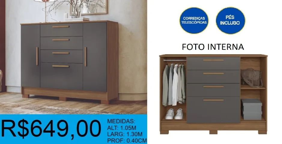 Cômoda com 4 gavetas 2 portas + cabideiro - à pronta entrega - Foto 2