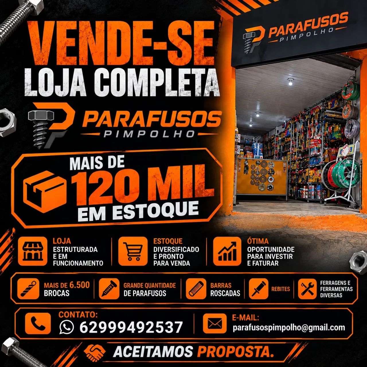 Ferragista Completa à Venda - Estoque de Ferramentas, Parafusos e Ferragens