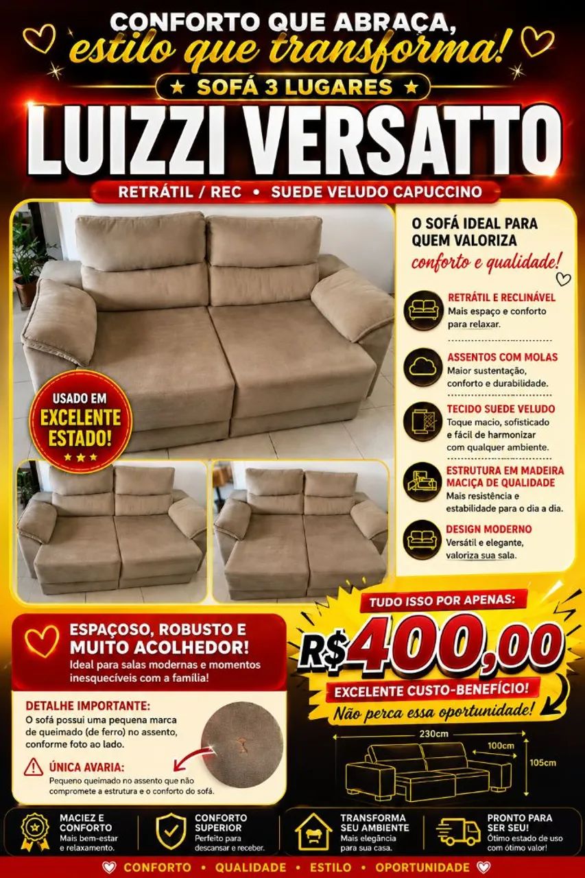 Sofá retrátil 3 lugares