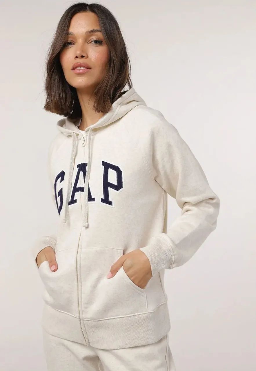 Blusa de Moletom com Capuz Flanelada Aberta GAP Logo Bordado Bege