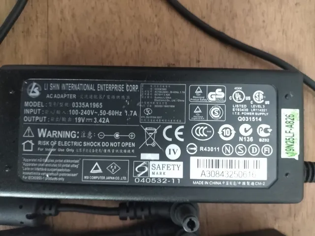 fonte carregador para notebook 19v 3.42 Modelo: 0335a1965 Li Shin 8t3 (Usado)