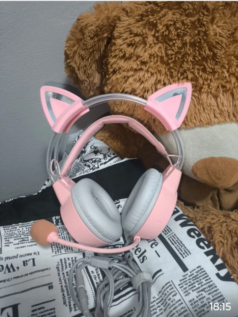 Headset Gamer com Orelhas de Gato Rosa