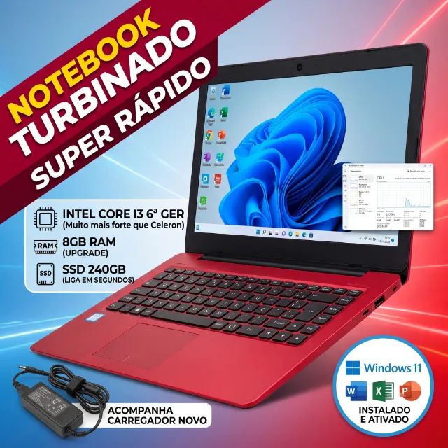 Notebook com i3 - 8GB RAM - SSD 240GB - Windows 10 + Office 365