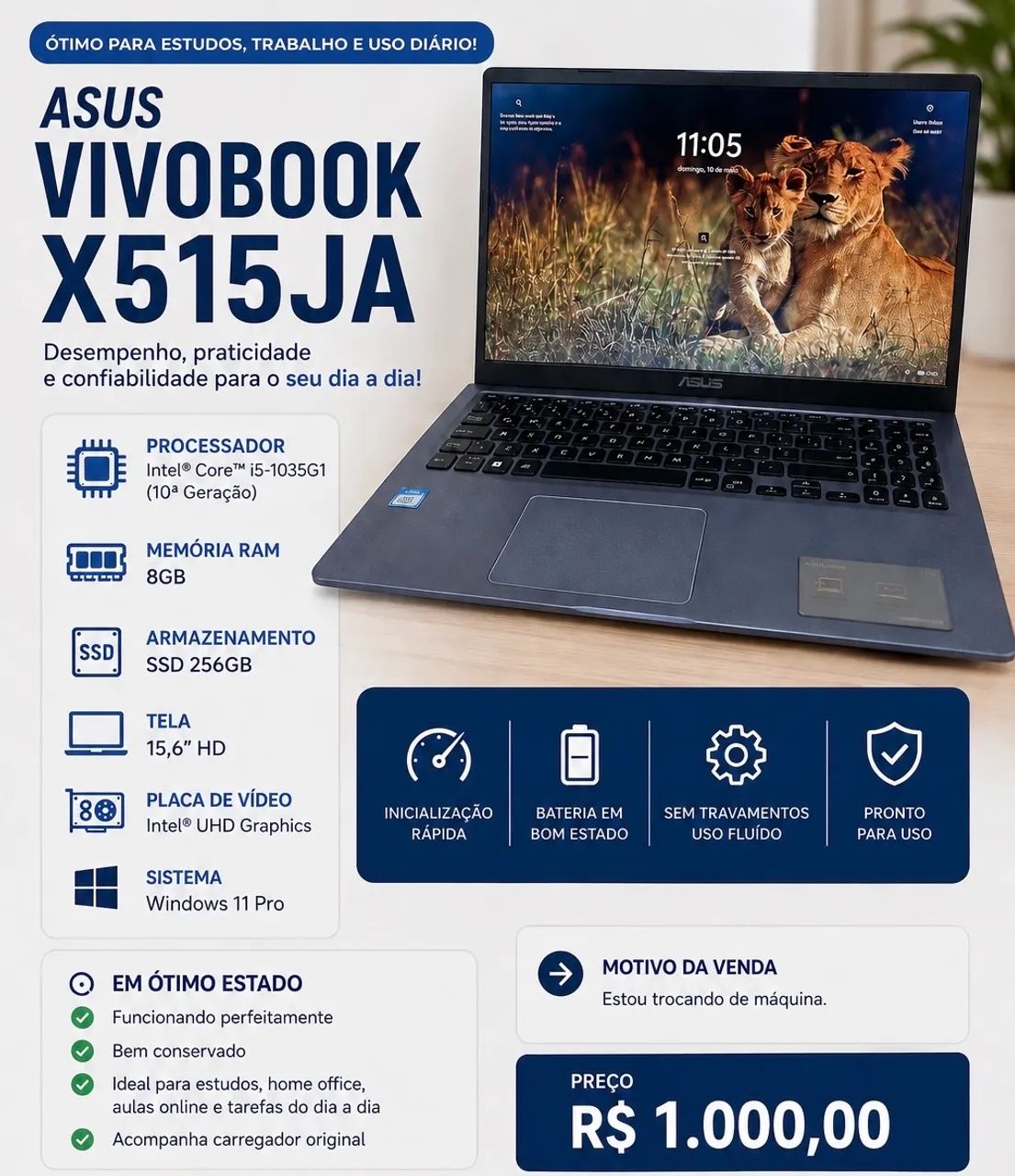 Notebook ASUS VivoBook X515JA i5 10ª Geração | 8GB RAM | SSD 256GB