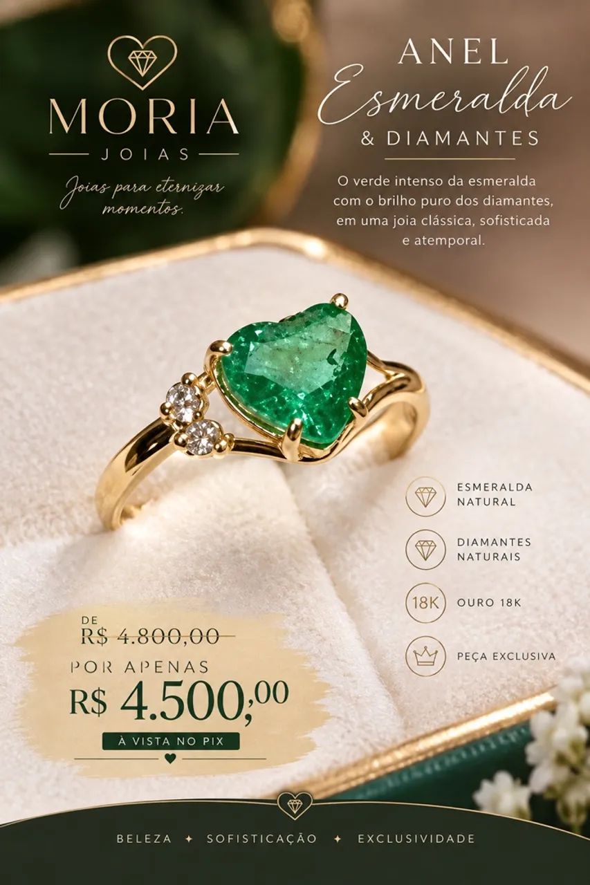 Anel ouro 18k com diamantes e esmeralda 