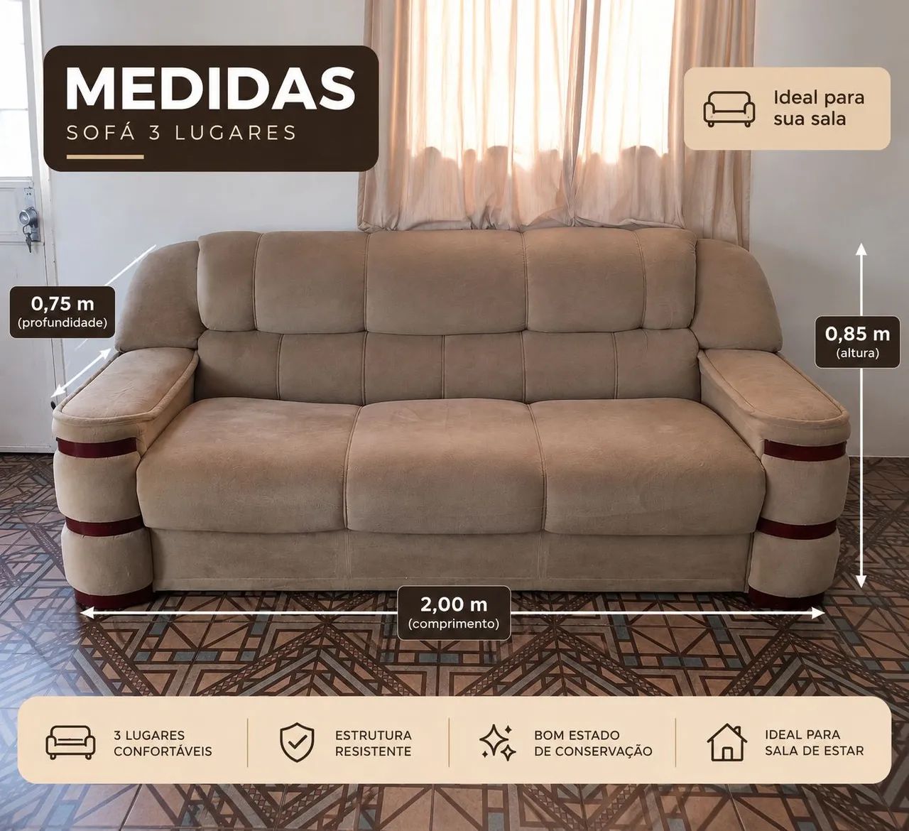 Sofá 3 Lugares Grande e Confortável 2 Metros - R$ 500