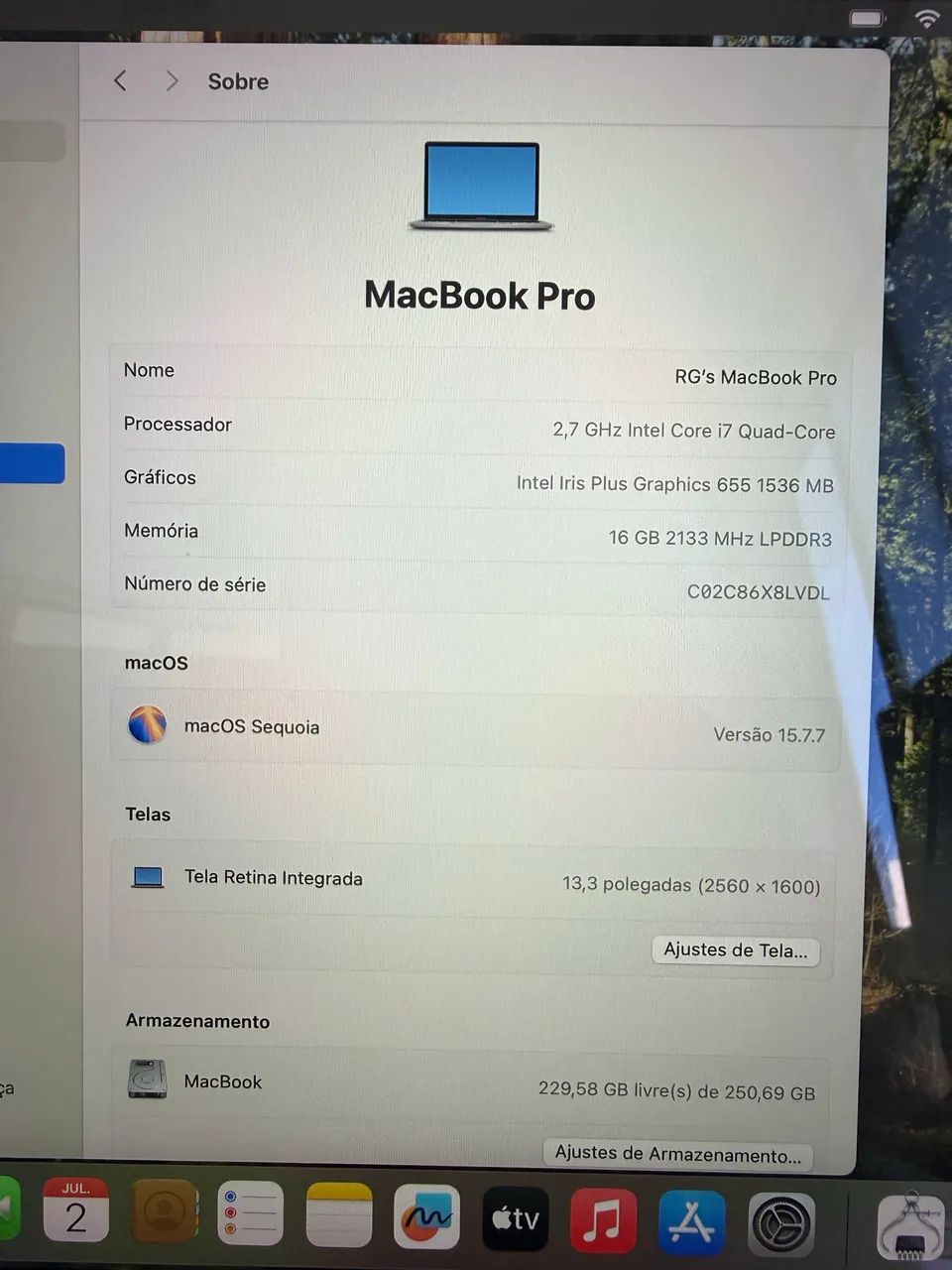 MacBook Pro modelo A-1989 (2019) I-7