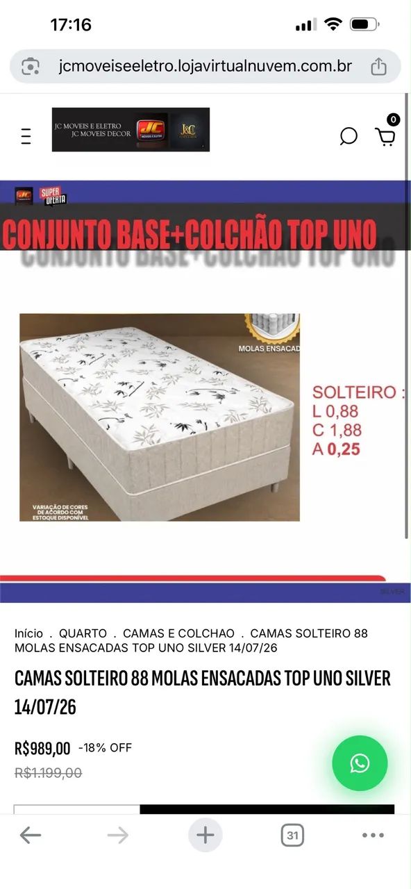 BASE E COLCHÃO SOLTEIRO TOP UNO MOLAS