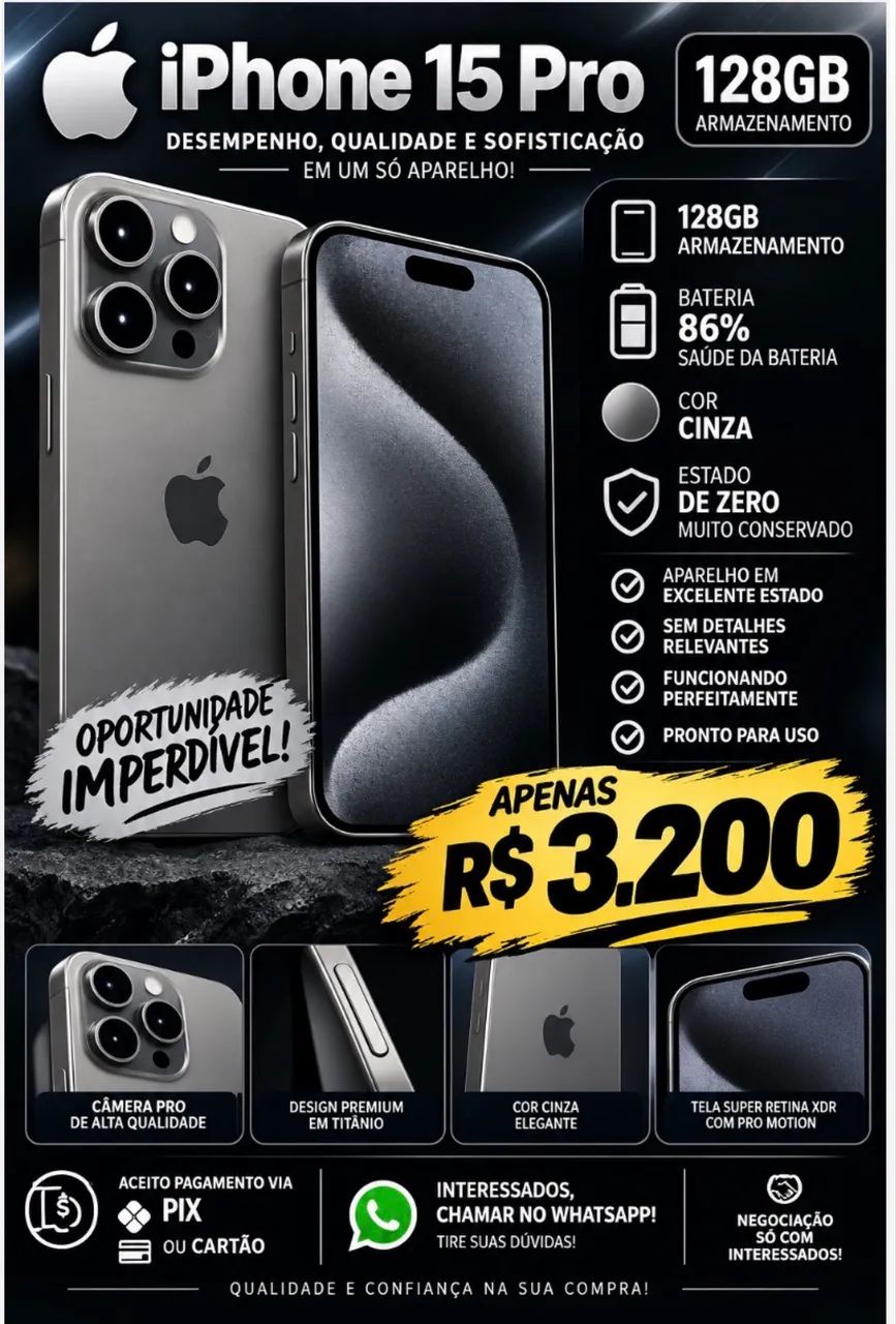 Phone 15 Pro 128GB Cinza - Bateria 86% - Original