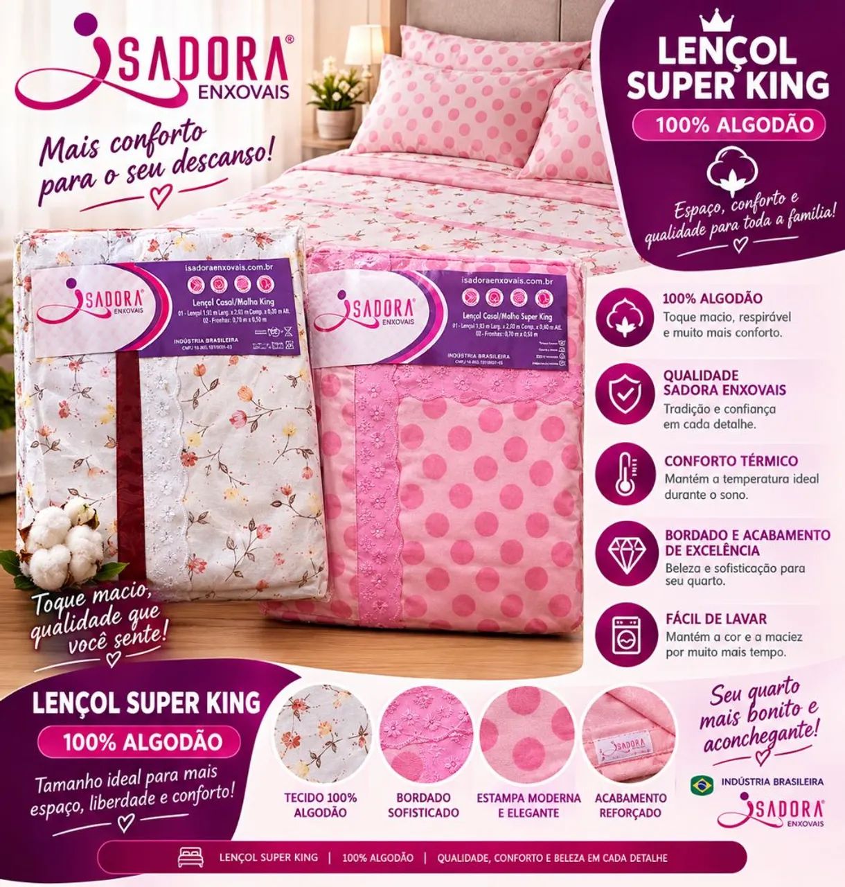 Lençol Super King 100% algodão