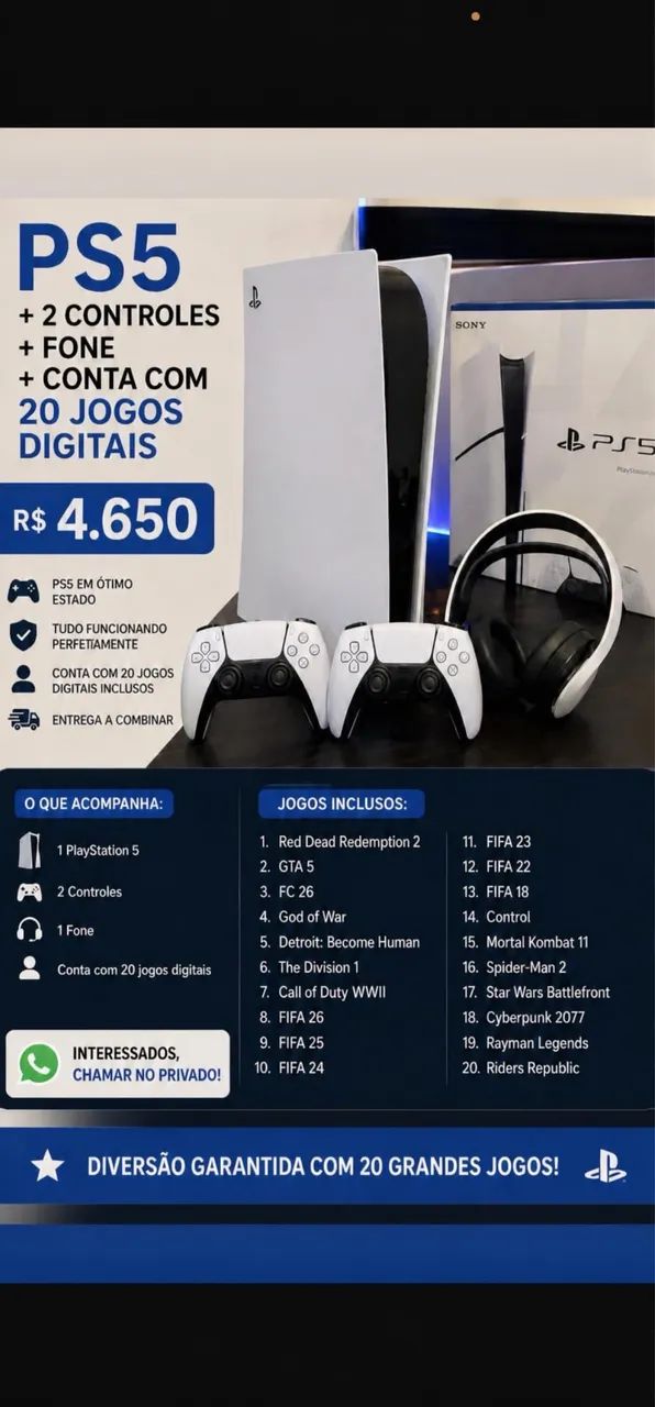 PS5+ 20 JOGOS + 2 CONTROLES
