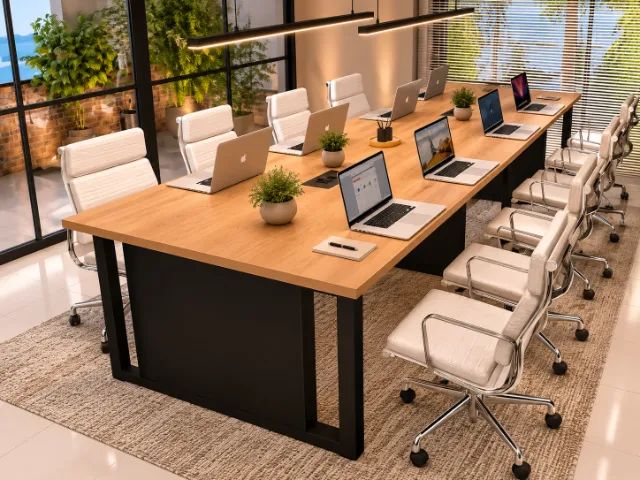 Mesa de Escritório Reunião , Em Madeira Maciça com MDF: L360cm x L120cm x A74cm.