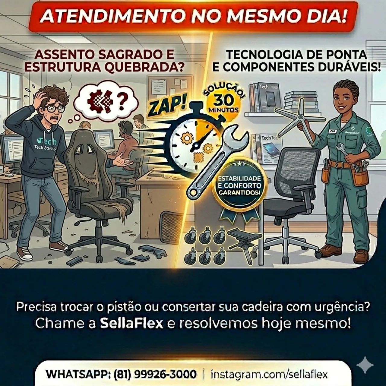 Cadeira de escritório com estrutura quebrada - vamos até você 