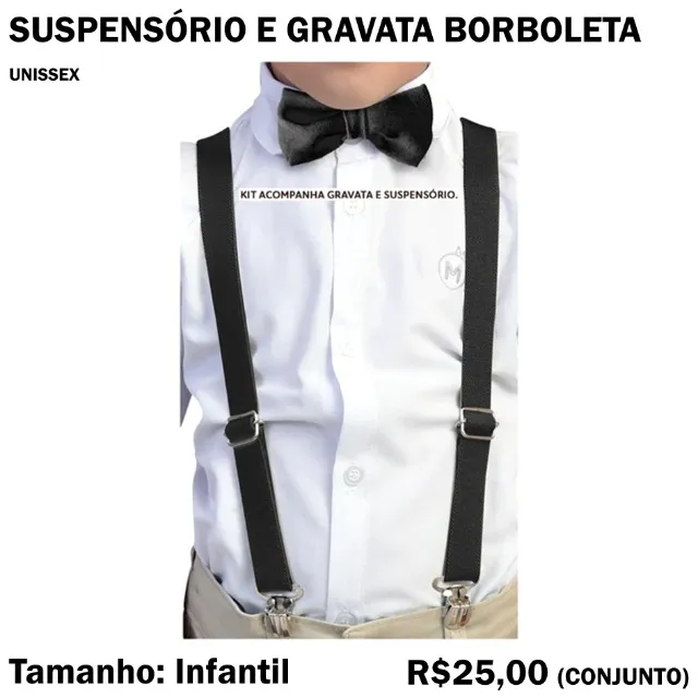 Suspensório + Gravata (Infantil) Branco, Preto, Massala, Vermelho, Cinza