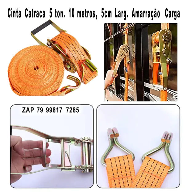 Cinta Catraca 5 ton. 10 metros, 5cm Larg. Amarração Carga Caminhão