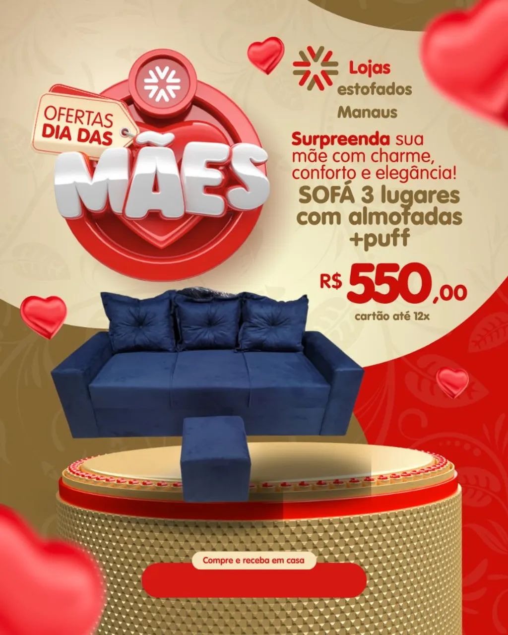 Sofá 3 lugares com almofadas e puff - Dia das Mães - Foto 2
