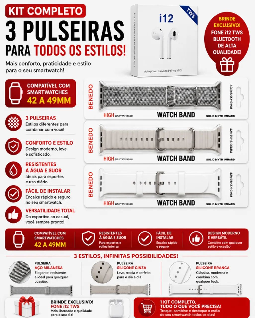 KIT PULSEIRAS SMARTWATCH E FONE I12