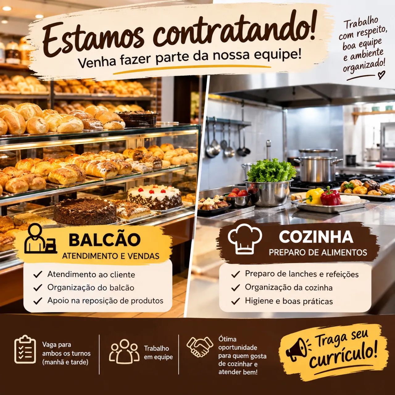 Vagas para Balcão e cozinha de Padaria