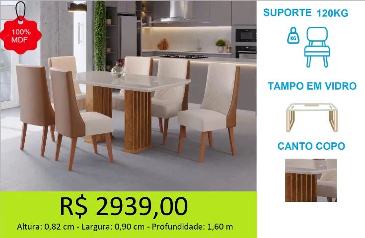 Mesa com 6 cadeiras lançamento com detalhe ripado - a pronta entrega 
