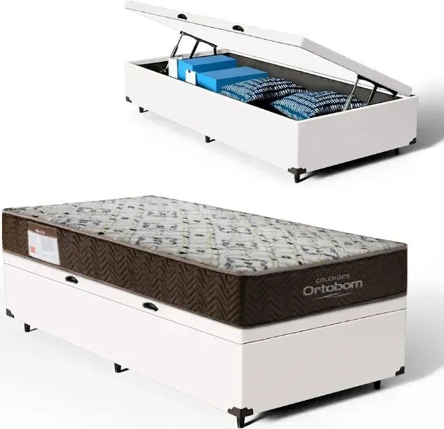 Colchão Solteiro Premium e Cama Base Baú de Solteiro Branco