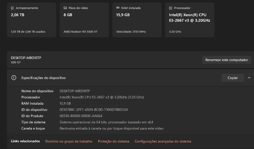 PC xeon e5 2667 com rx 5500 xt sem memoria ram e sem hds