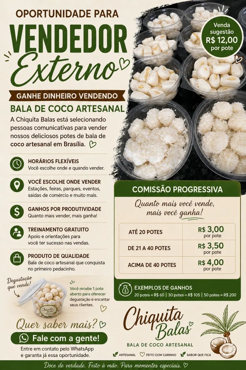 Oportunidade para Vendedor Externo - Ganhe Dinheiro Vendendo Bala de Coco Artesanal