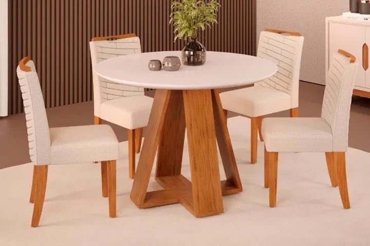 Mesa C/4 Cadeiras - 103cm Tampo Madeirado Vidro Retangular Dividimos Em Até 10x Sem Juros