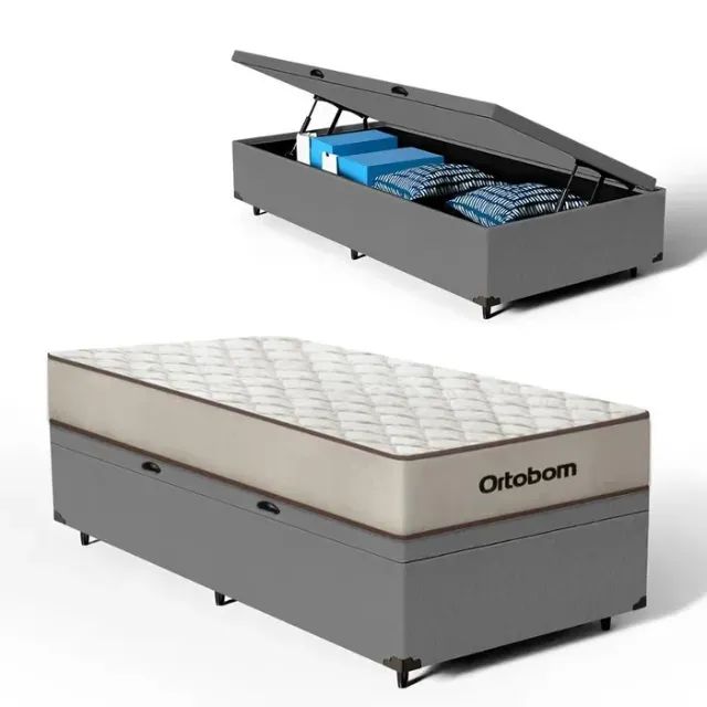 Colchão Solteiro Premium Ortobom + Base Baú Solteiro Suede Cinza 