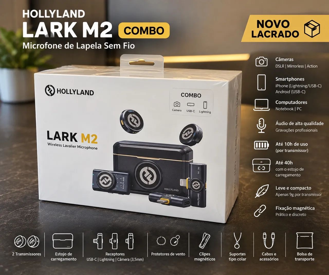 Hollyland Lark M2 Combo Lacrado Microfone Duplo USB C Lightning