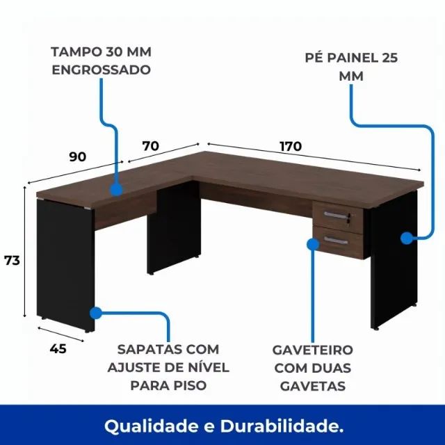 Mesa em L 1,70m + Auxiliar com 2 Gavetas Marsala Preto Amplo Espaço Escritório 23479 - Foto 6