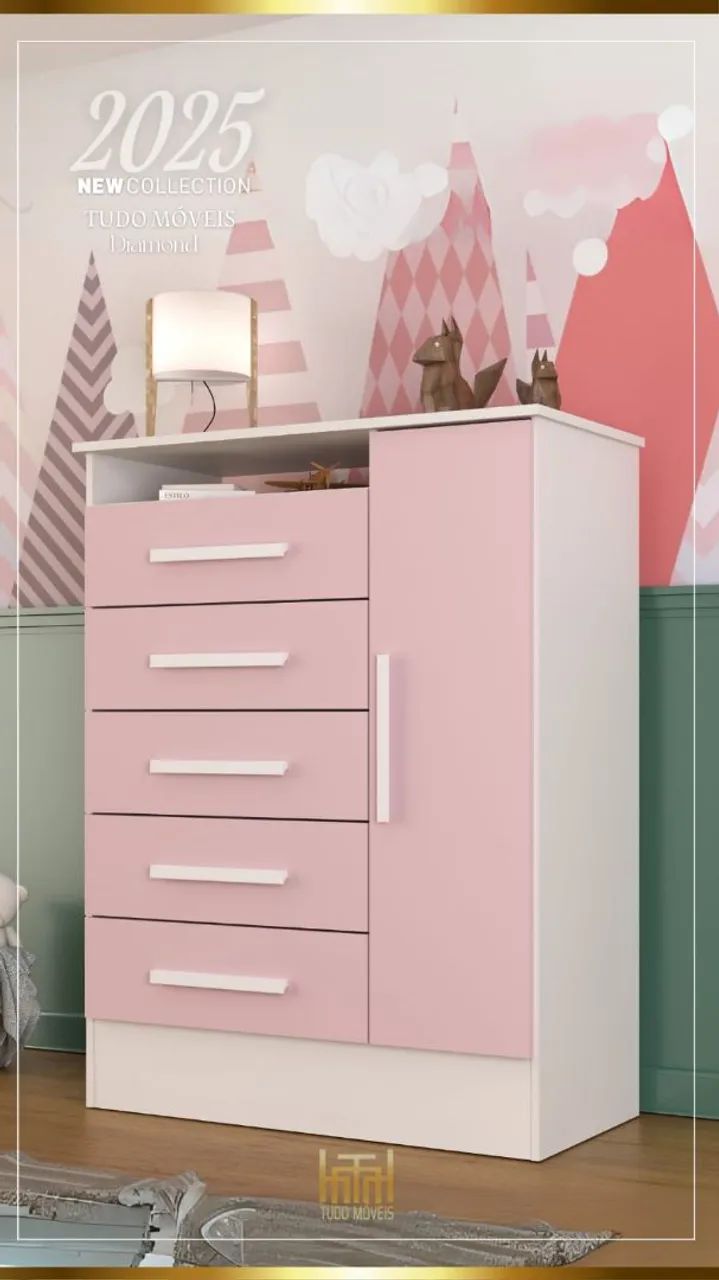 Penteadeira Infantil Rosa com 5 Gavetas e Porta