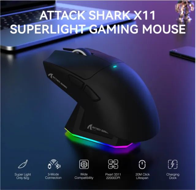 Mouse gamer Attack shark x11 - Dock rgb Tri Mode - 22k Paw3311 (vermelho) - Foto 3