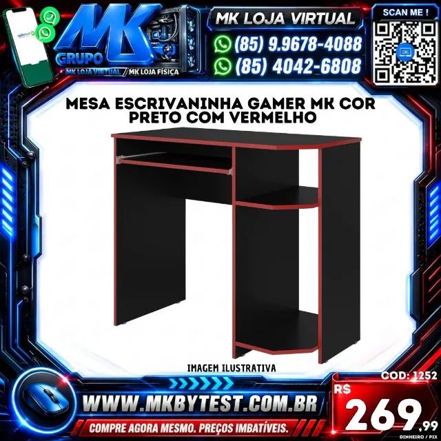Mesa Escrivaninha gamer mk cor  preto com Vermelho