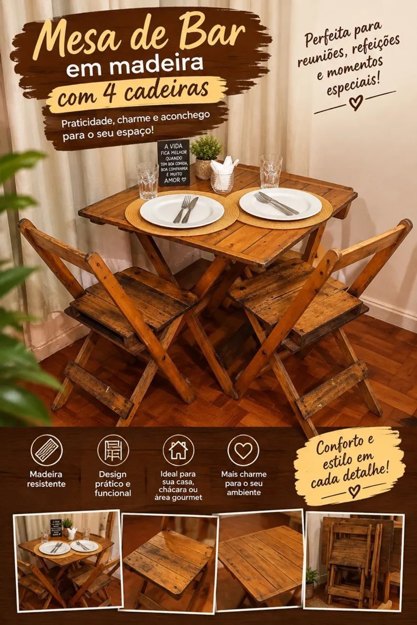 Mesa com quatro cadeiras de madeira 