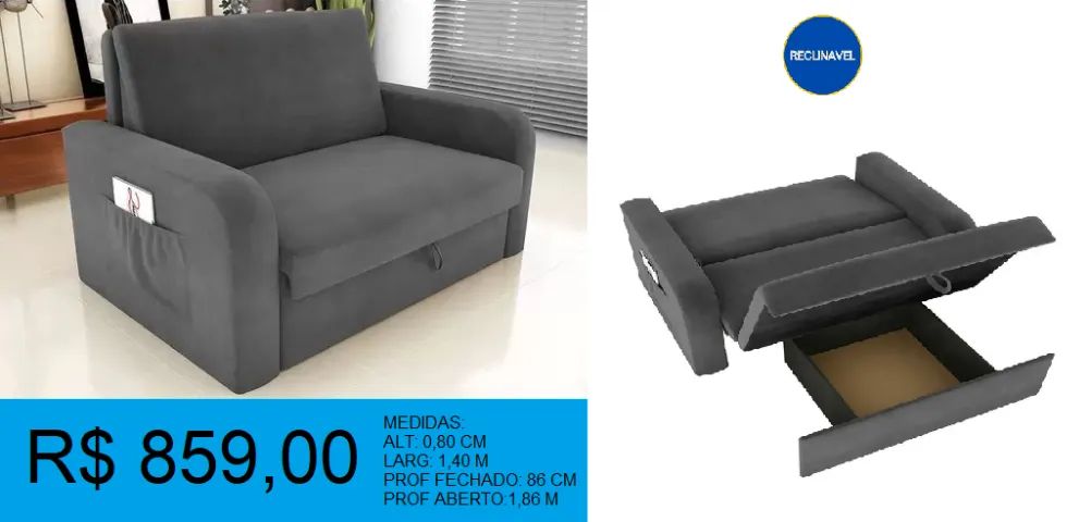 SOFA CAMA COM BAU - COMPRE HOJE E RECEBA EM ATÉ 72 HORAS 