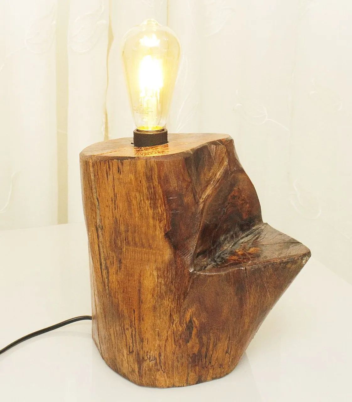 Luminária rústica madeira de árvore natural com lâmpada retrô E27 5w 