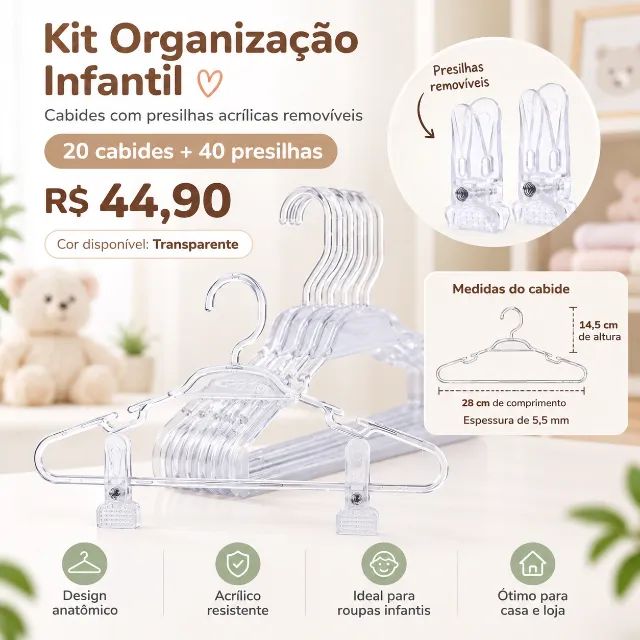 Kit 20 cabides com 40 presilhas acrilico infantil