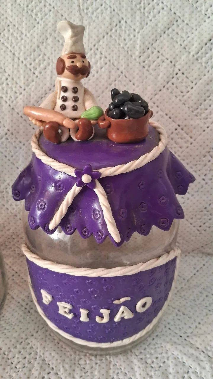 Pote de vidro  para arroz e feijão, com enfeite em massa de bisqui. - Foto 3