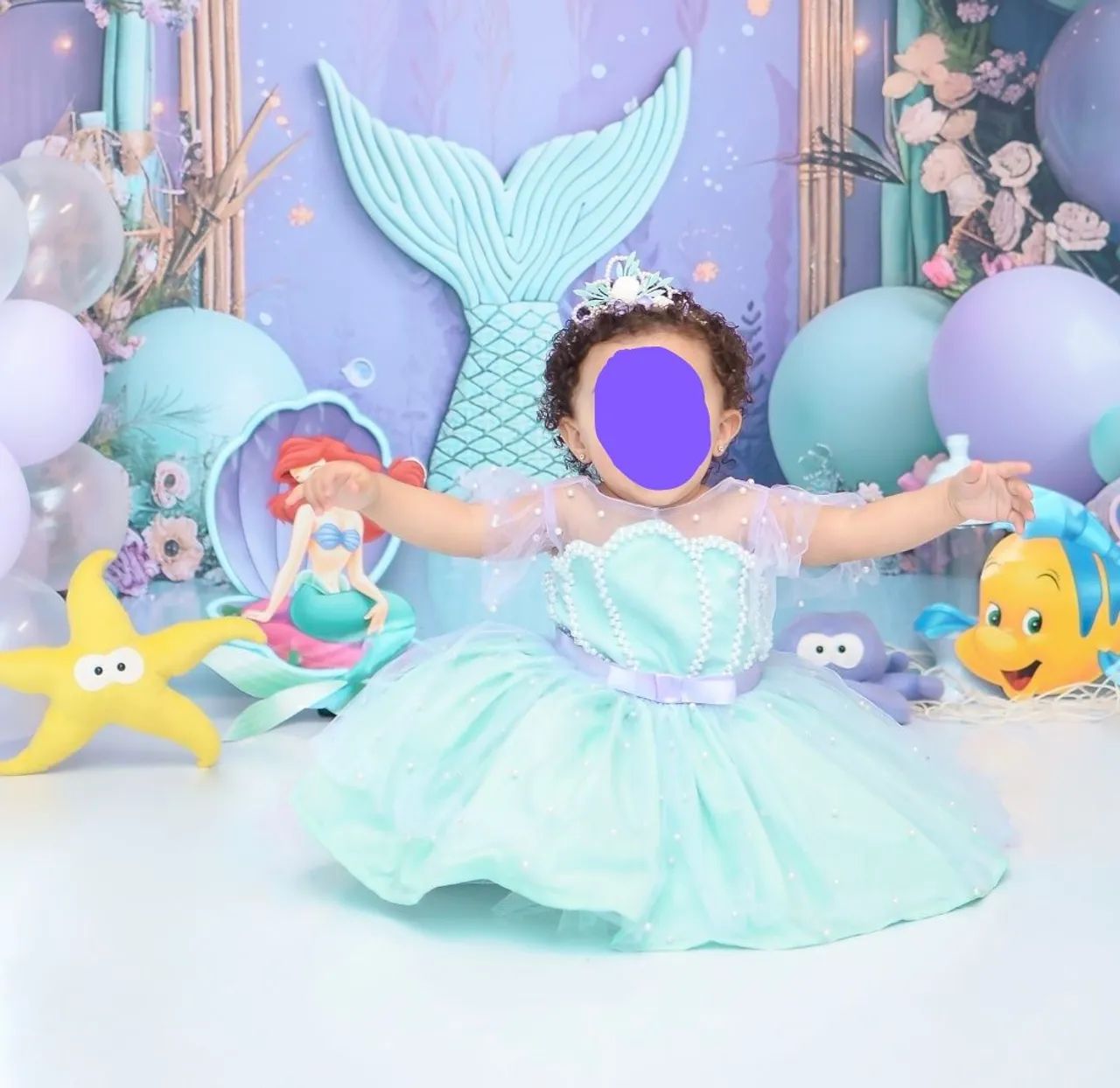 vestido princesa festa sereia verde com tule lilás e pérolas Tam 1 ano  - Foto 6
