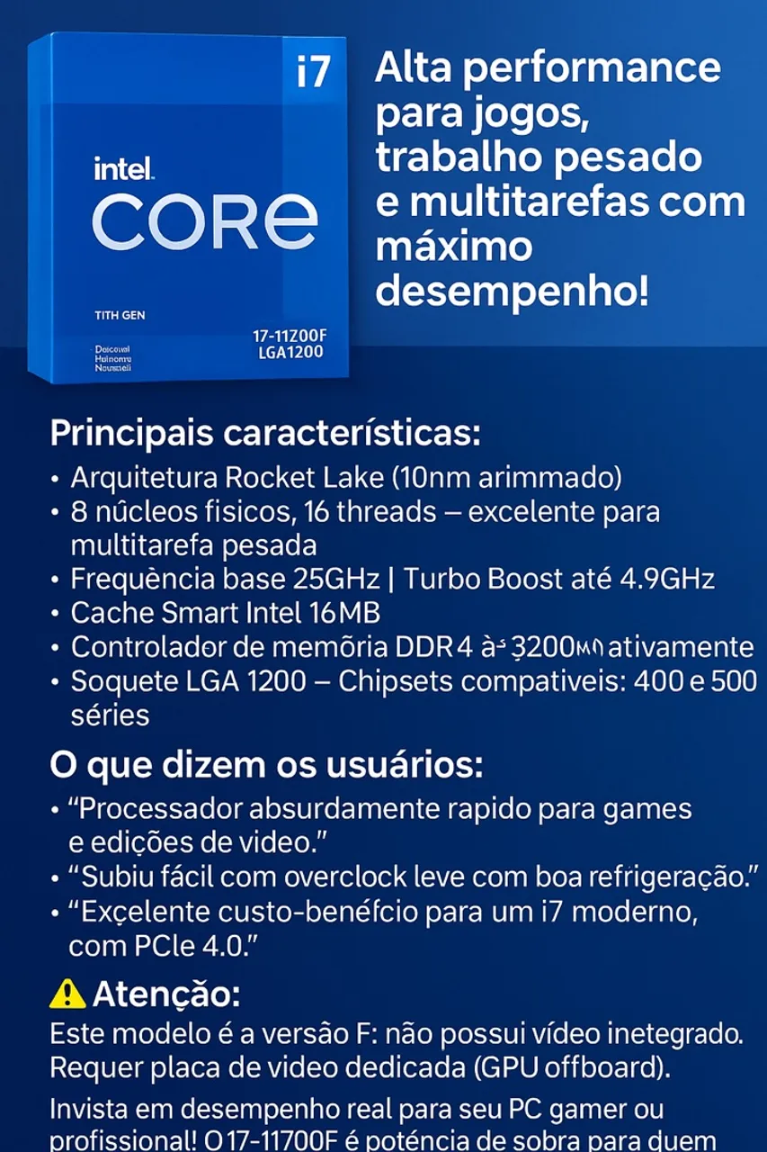 Processador Intel Core i7?11700F 11ª Geração 8 Núcleos 16 Threads LGA1200 4.9GHz
