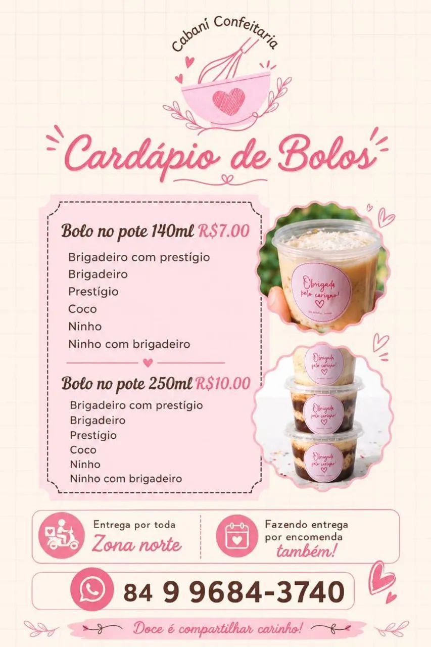 Cardápio bolo no pote 
