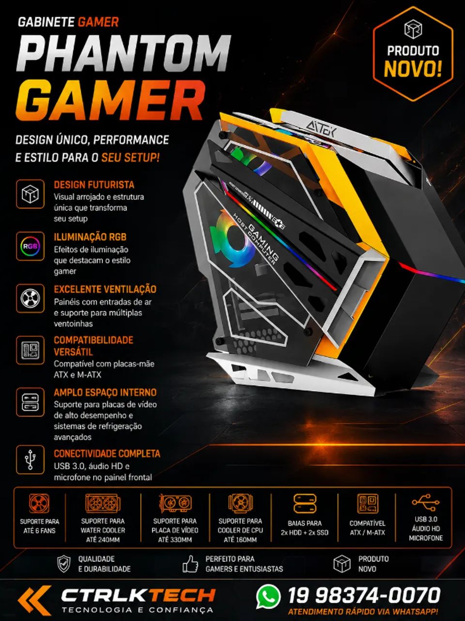 Gabinete Phantom Para Computador Gamer Usb Audio 