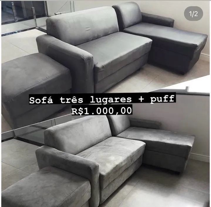 Sofá Cinza 3 Lugares + Puff 