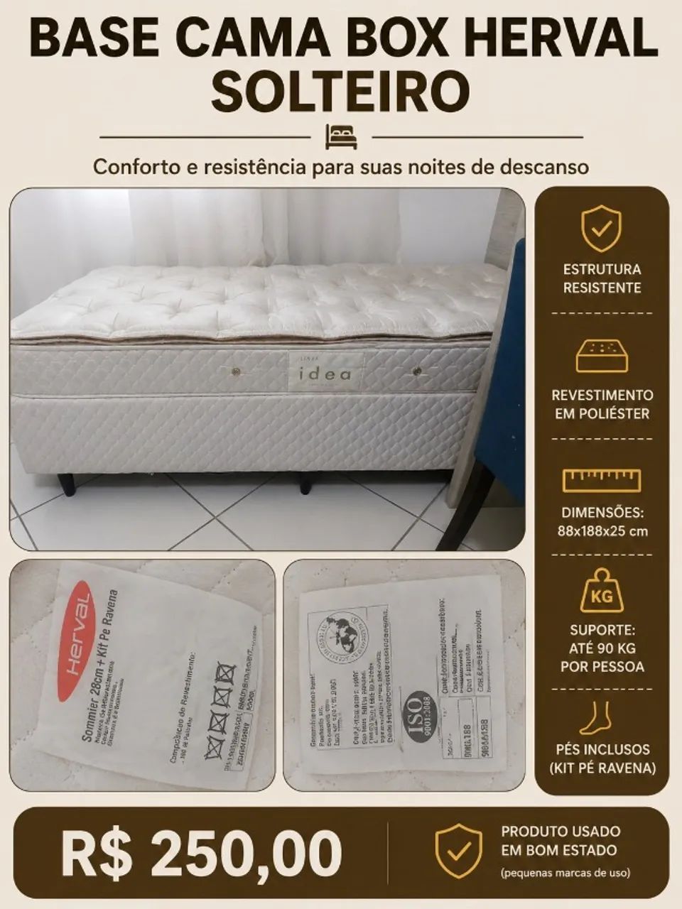 Base Cama Box Herval Solteiro - 88 x 188 cm | Ótimo Estado