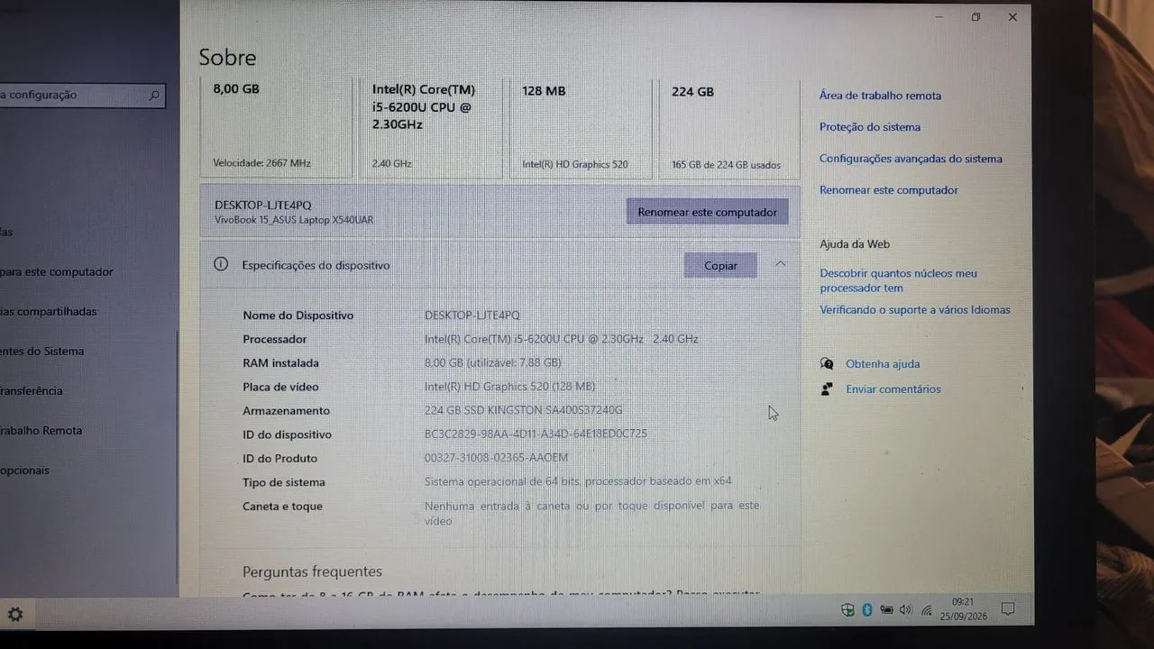 Notebook Asus core i5, 8gbde memória, ssd 240 gb